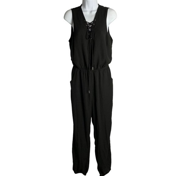 Love Tree Pants - Love Tree Sleeveless Jumpsuit L Black Pockets Elastic Waist Lace Up V Neck